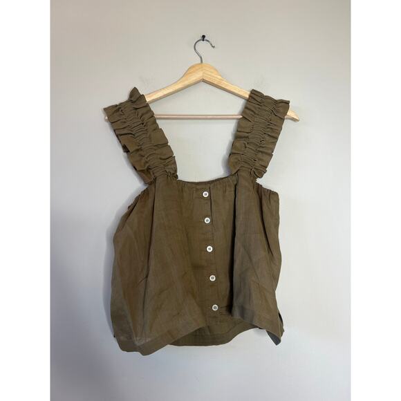 NEW FRAME Ruffle Strap Tank Square Neck Back Button Top Moose Green Size: Small - Picture 6 of 7